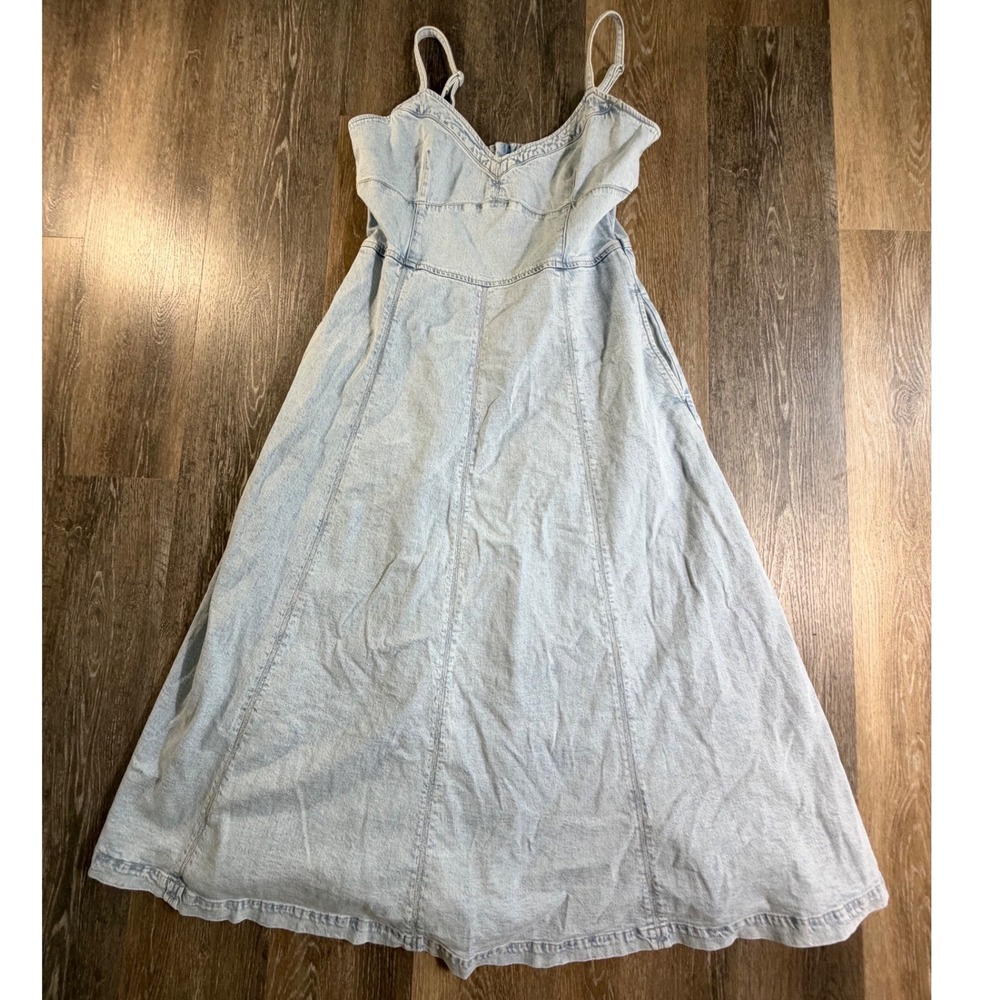 GAP Denim Midi Dress Womens Large Light Wash Smocked Back Pockets Casual